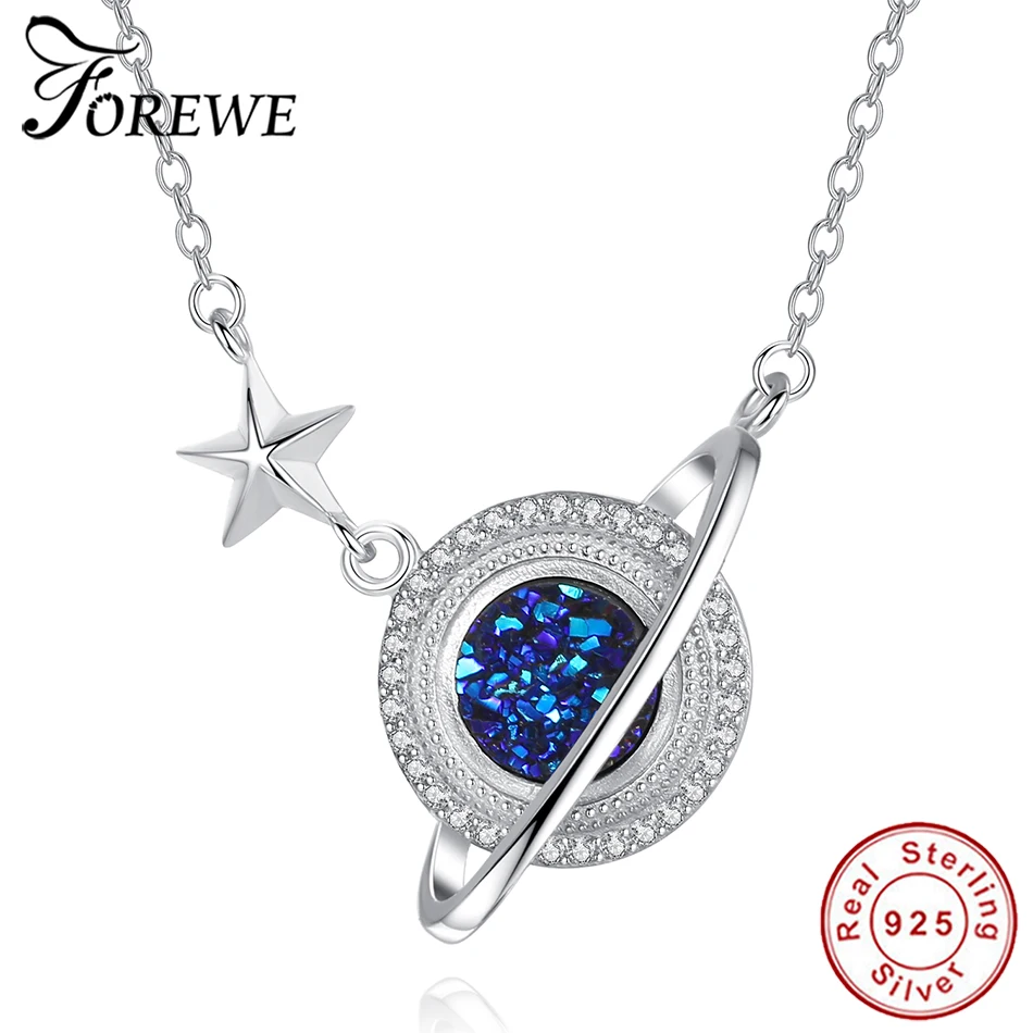 Новая мода Настоящее серебро 925 проба синяя планета Подвеска Ожерелье для женщин роскошное Хрустальное свадебное ожерелье оригинальные ювелирные изделия