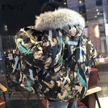 

EWQ / Autumn Winter 2019 Long Sleeve Camouflage Pocket Fur Hooded Zippers Loose Coat Man's Korea Style Personalirty Jacket FS994