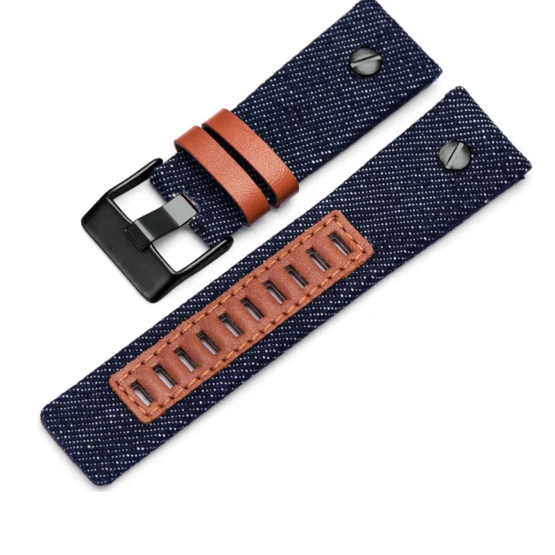 blue jean black 24 мм сшитый джинсовый холст из натуральной кожи для дизельных часов DZ DZ4343 DZ1689, ремень для универсальных часов, браслет на запястье - Цвет ремешка: blue jean black