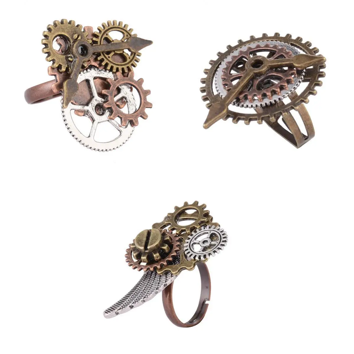 3 Pcs Women Men Vintage Steampunk Watch Part Gears Punk Antique Copper Adjustable Rings Fashion Jewelry