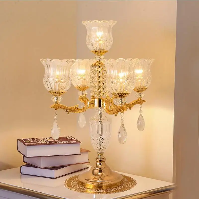 American large Crystal Table Lamp office gilding led candelabra Living Room Bedroom Wedding European Glass shade Light | Лампы и
