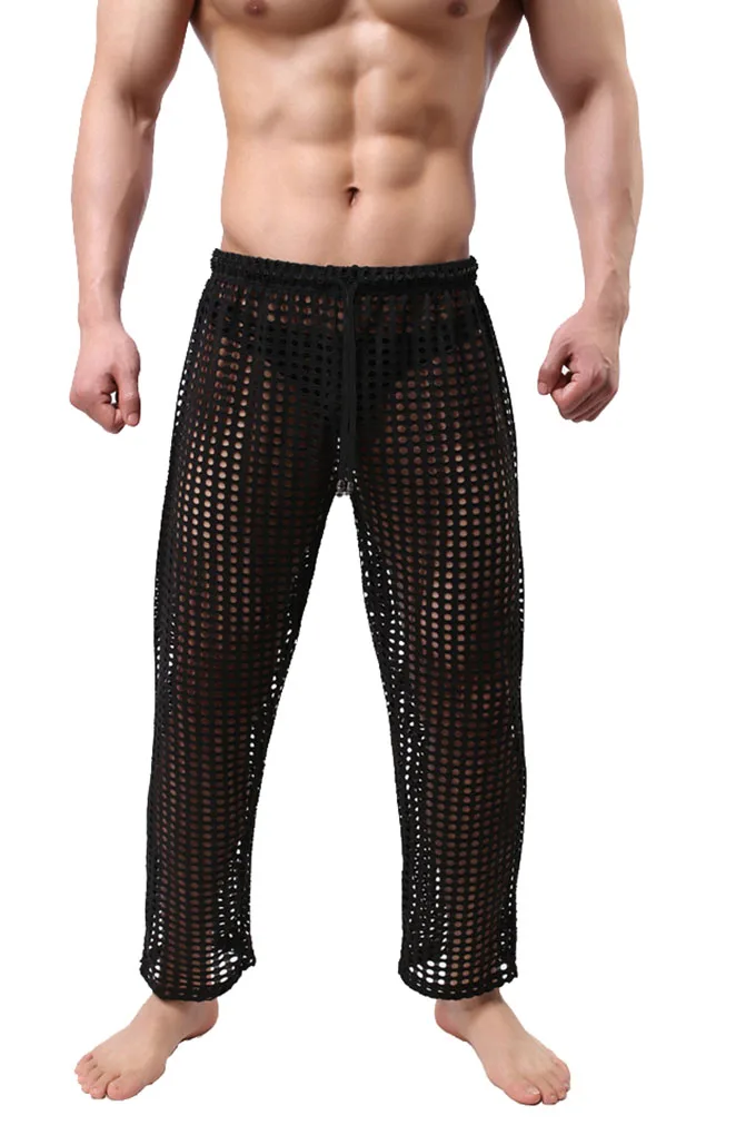 Men's Fashion Sexy Transparent Mesh Pants Drawstring Breathable Trousers Fashion Loose Casual Pajama Pants