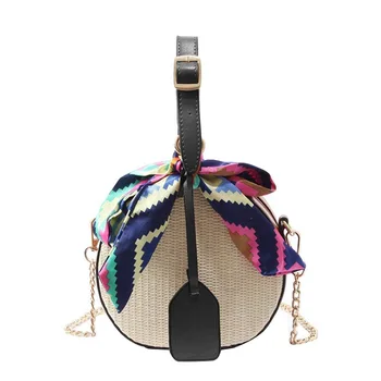 

Women's straw bag Crossbody bag Woven bag Summer leisure bag Small round single, Black