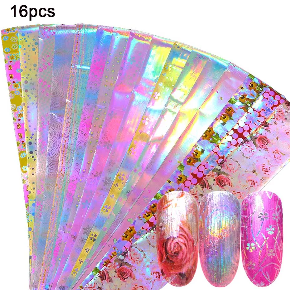 8 шт голографический лазер для ногтей Фольга цветы прозрачный Стикеры Роза в полоску обои блеск наклейки 20x4 см УФ-гель слайдер Маникюр JI141 - Цвет: 746