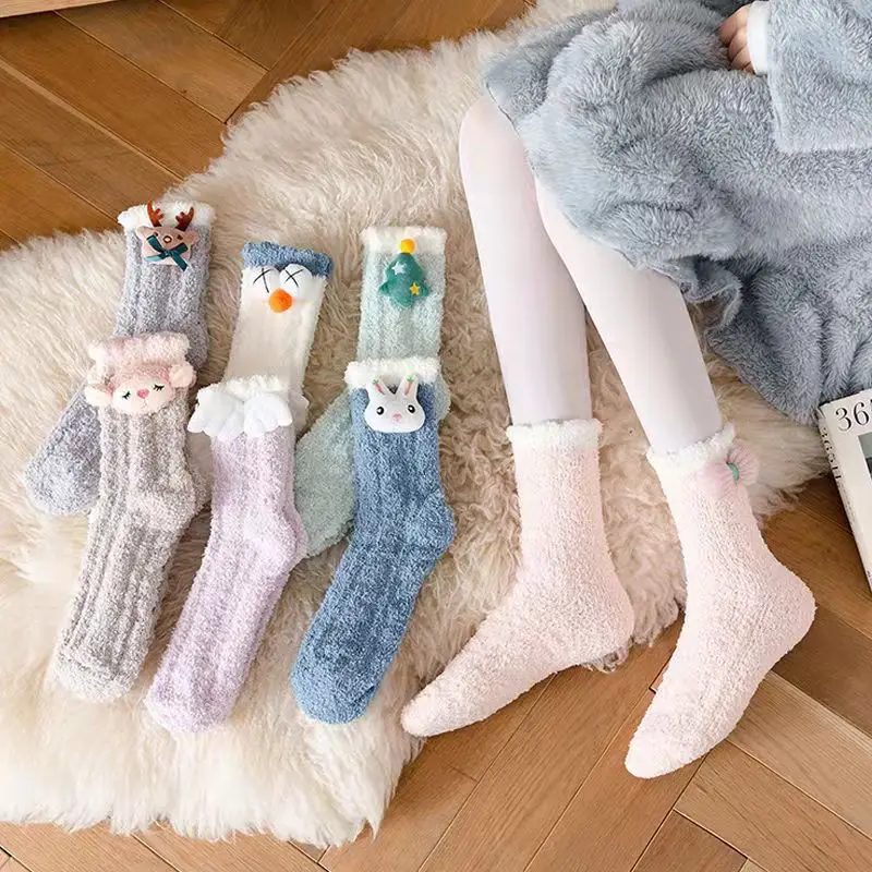 Winter Thick Coral Fleece Socks Women Kawaii Rabbit Bear Bow Cartoon Female Socks Fashion Warm Sleeping Home Floor Maiden Socks ugg socks