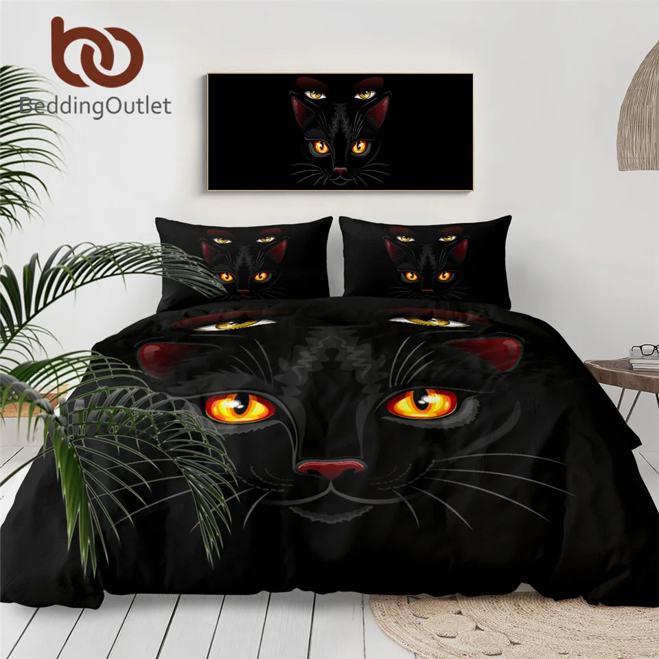 

BeddingOutlet Black Cat Bedding Set Watercolor Animal Eyes Quilt Cover Witch Sorcery Bedclothes Cartoon Home Textiles 3-Piece
