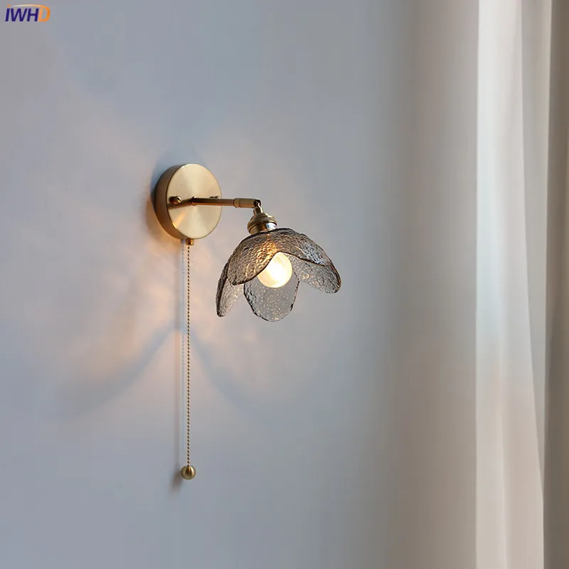 Iwhd Pull Chain Switch Led Specchio Da Bagno Paralume In Vetro Grigio Chiaro Lampada Da Parete Moderna Nordica In Rame Applique Da Parete