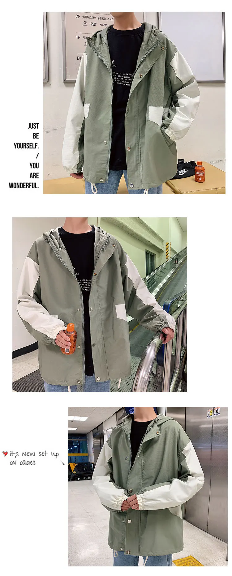 UYUK2019 Autumn New Lapel Hooded Zipper Large Pocket Stitching Contrast Color Casual Fashion Men's Jacket Streetwear Clothes