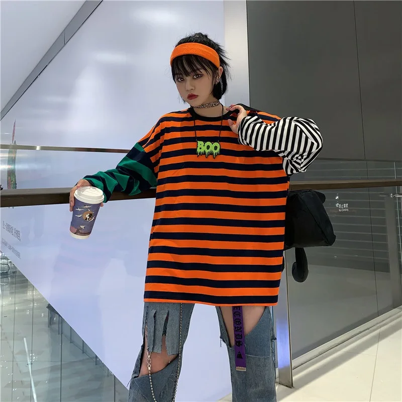Ulzzang Harajuku Европа и Америка уличная хип-хоп полосатая Толстовка Осенняя ins модная Свободная Повседневная Женская толстовка с круглым вырезом - Цвет: red