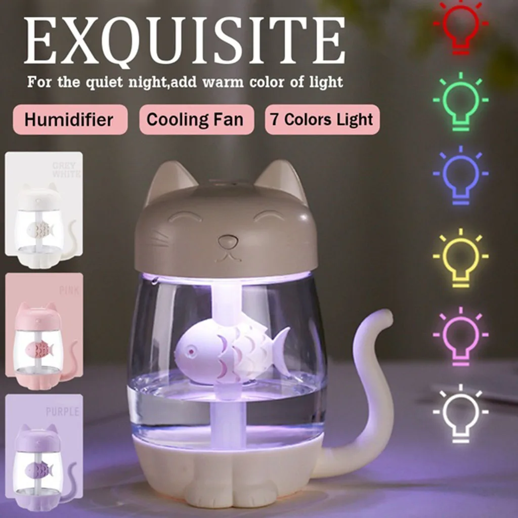 3 In 1 Portable Cute Cat Air Humidifier  Maker, LED Lamp Ninght Lamp, USB Fan for Desk Travel Office Car Bedroom