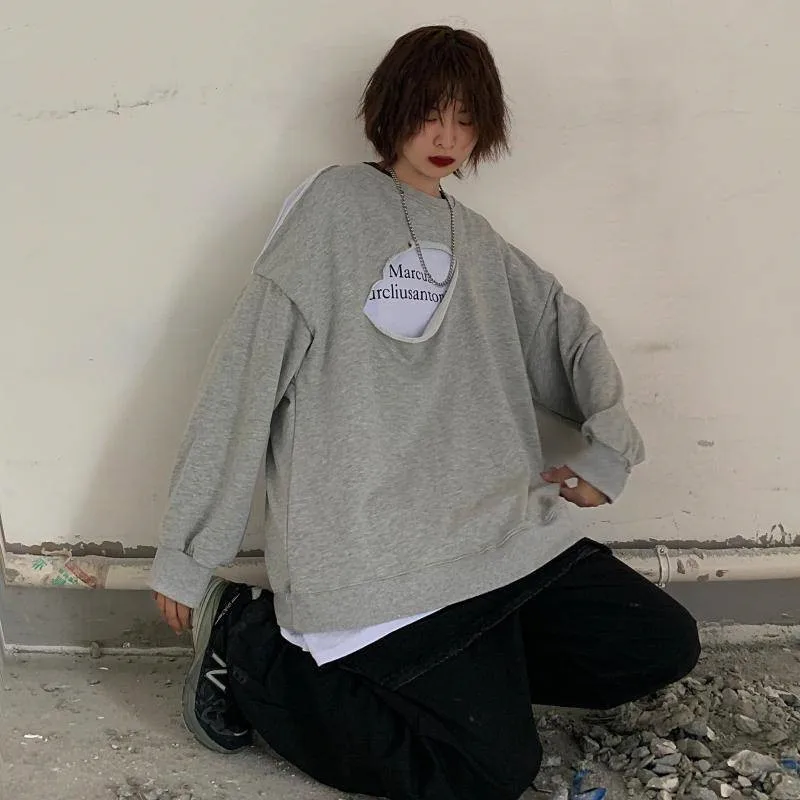Новое поступление Harajuku повседневные уличные серые Лоскутные толстовки с круглым вырезом и длинными рукавами, Осенние японские модные толстовки, свитера, уличная одежда