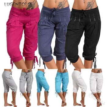 

Lugentolo Pants Women Calf Length Plus Size Solid Sequins Pleated Straight Summer New Lace Up Casual Fashion Womens Pants
