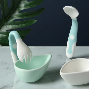 

2Pc/Set Portable Infant Learning Tableware Bendable Silicone Spoon Fork Set with Storage Box Baby Utensils Home Kitchen Flatware