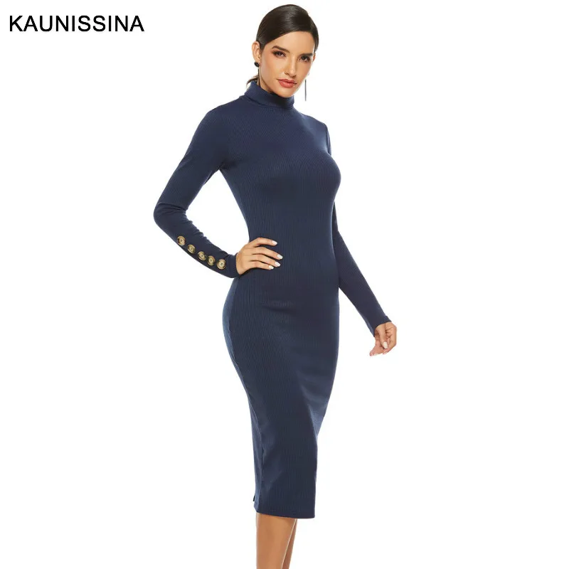 KAUNISSINA, осенне-зимнее коктейльное платье, с высоким воротом, с длинным рукавом, по колено, трикотажное, облегающее, платье для выпускного вечера, платья для вечеринок, 8 размеров