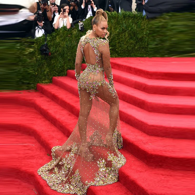 Vestido de Festa Beyonce сексуальное прозрачное платье русалки с кристаллами телесного цвета с длинным рукавом для выпускного вечера платья для матери невесты