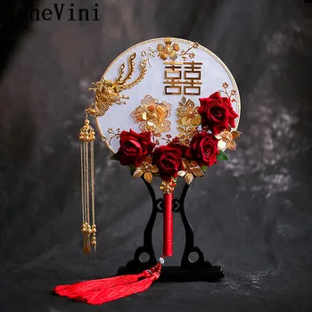 

JaneVini Bride Buket Dark Red Bridal Fan Chinese Style Long Tassel Wedding Bouquet Ancient Gold Hand Fans Flowers Fleur Rose