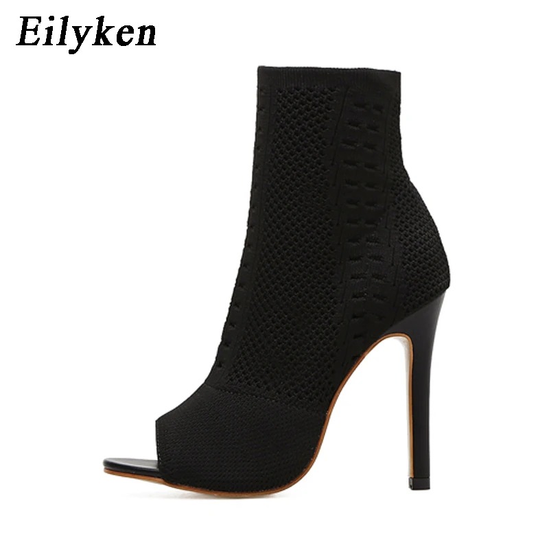 Black Eilyken/женские низкие ботинки с открытым носком; цвет бежевый, зеленый; эластичные ботинки; открытые дышащие модельные женские ботинки; туфли-лодочки - Цвет: Black