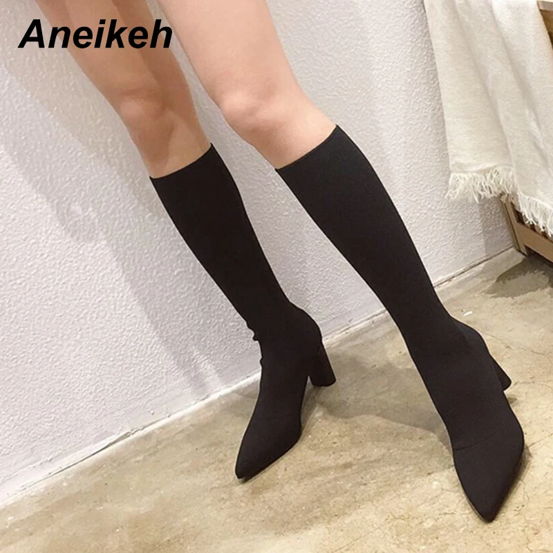 Aneikeh; коллекция года; классические вязаные эластичные сапоги до колена; женские туфли-лодочки; туфли на высоком каблуке-шпильке с острым носком; обувь для верховой езды