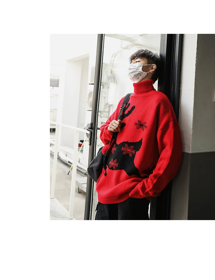 Winter Turtleneck Sweater Men's Warm Fashion Print Casual Knit Sweater Man Street Wild Loose Long Sleeve Pullover Men Clothes