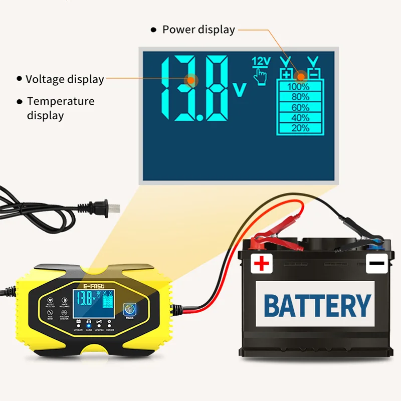 

Full Automatic Motorcycle Car Battery Charger 12V 6A Intelligent Fast Power Charging Lead Acid Battery Digital LCD Display