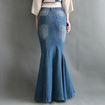 

Nicesnowl Fish Tail Denim Skirt Women Long Skirt Floor-Length Patchwork Mermaid Trumpet Empire High Waist Jeans Stretchy