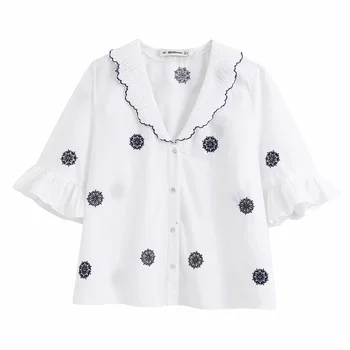 

2020 Spring Women's New Asymmetric Lapel Short Sleeve Laminated Decorative Shirt Contrast Color Stitching Embroidered Shirt