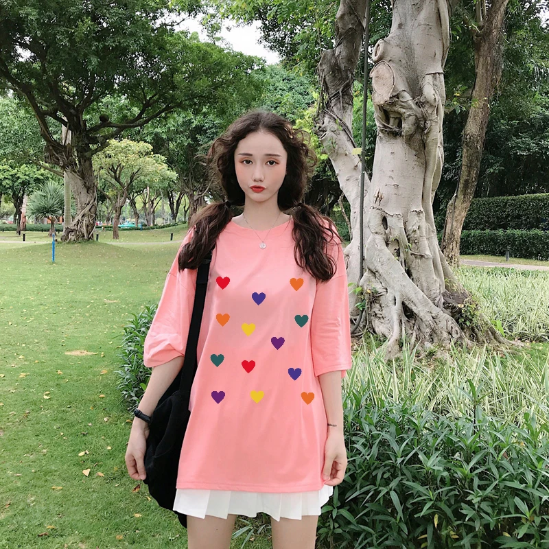 Футболка женская хлопковая в Корейском стиле топ с принтом сердец K POP