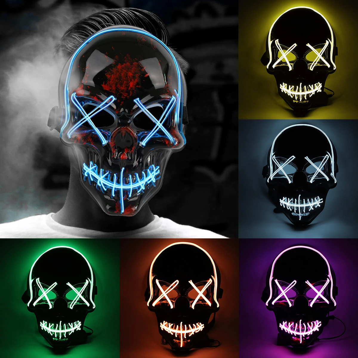 

Newest Flash Light Up LED Mask Halloween Scary Mask The Purge EL-Wire Skull Mask Party Halloween Carnival Mask Props 4 Modes