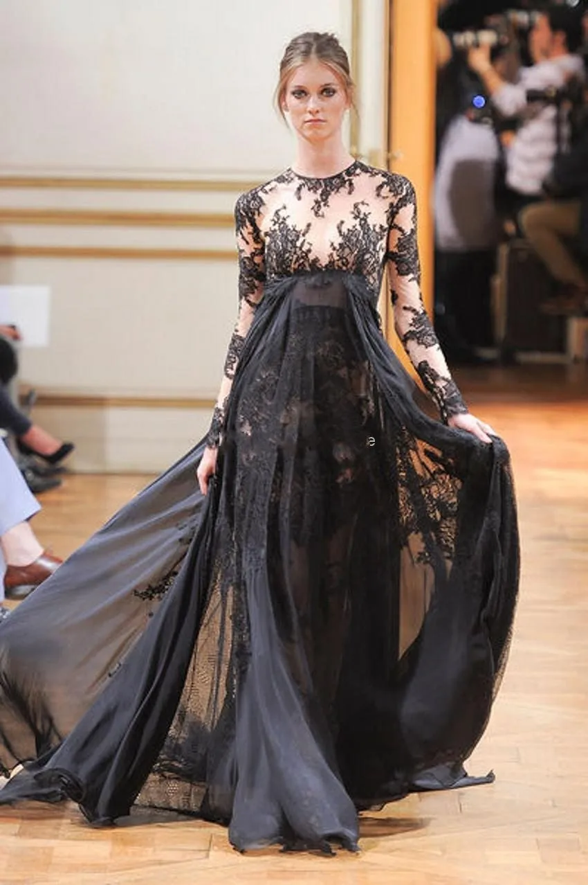 

فساتين مشاهير Fashion Black Long Sleeves Evening Gowns Prom A-Line Lace Applique Covered Buttons Arabic Dubai Celebrity Dresses