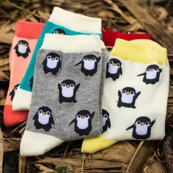 

Women Girls Winter Cartoon Penguins Long Crew Socks Contrast Color Cotton Warmer