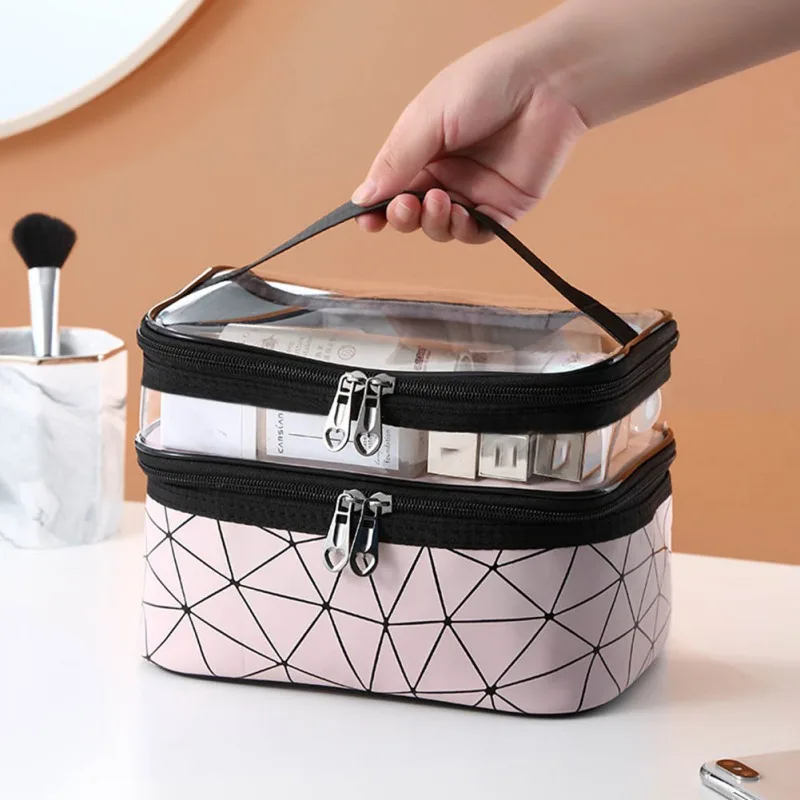 Double-layer Cosmetic Bag Plaid Large Capacity Casual Female Portable Travel Bag TPU Zipper Makeup Bag