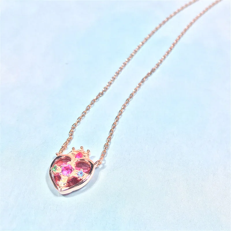 B Anime Cartoon Sailor Moon The Crisis Moon Compact Love Heart 925 Sterling Silver Pendant Necklace Customized Cosplay Gift Props - Окраска металла: B