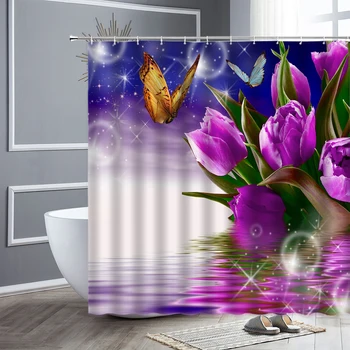 

Shower Curtains 3D Flower Printing Butterfly Waterproof Bathroom Curtain With Hooks Polyester Fabric Nature Garden Scenery