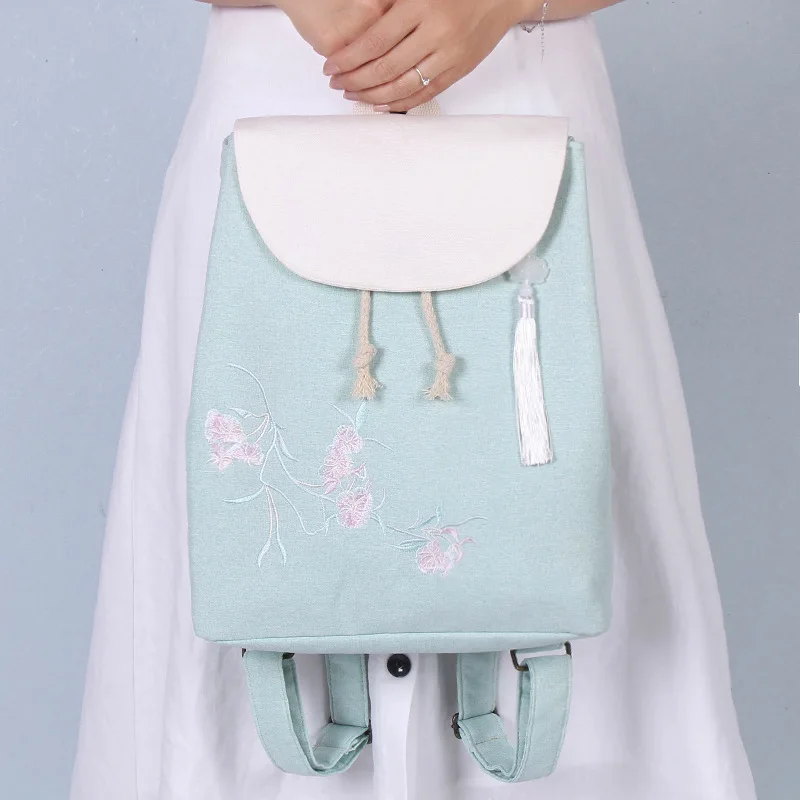 Canvas Chinese Style Embroidery Floral Women's Travel Fashion Backpack Female Cloth Sack Kids Book Pouch Bolsa Bolso For Girls