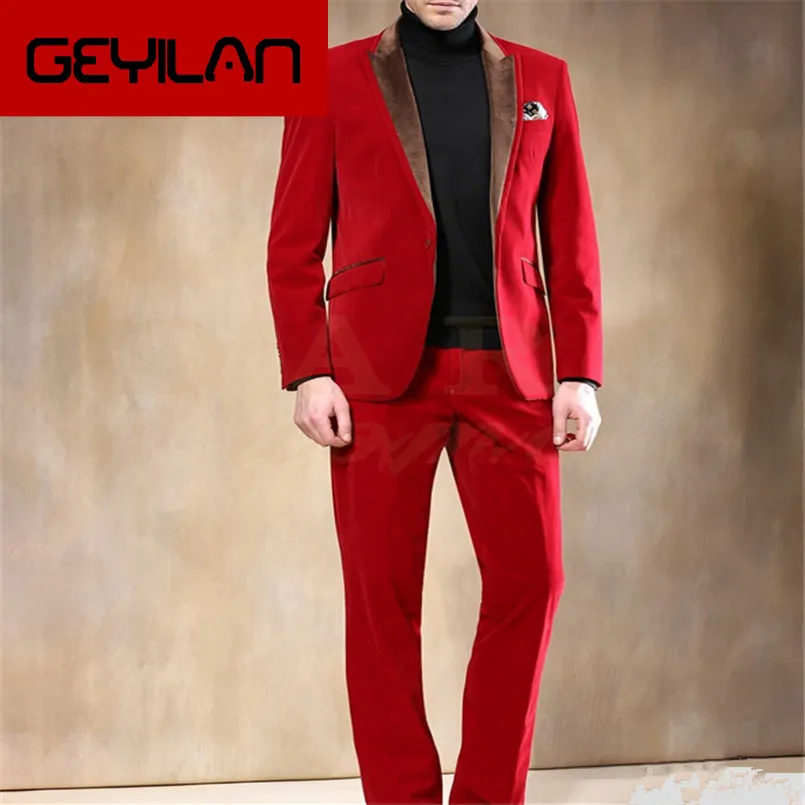 

new Men's red suit 2 Piece Wedding Velvet Groom Tuxedos Groomsman Best Man Suits custom (Jacket + Pants)