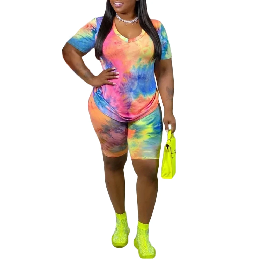 New Women Tie-dye Outfit Summer Short Sleeve T-shirt Elasticated Waist Shorts Tracksuit Female Sportswear Outfits Plus Size