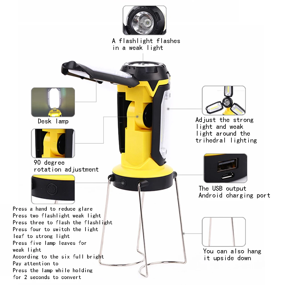 3 In 1 COB Multi-function Camping Lamp Outdoor USB Rechargeable Flashlight Portable Lantern Tent Safety Emergency Lighting Lamp
