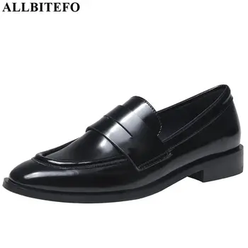 

ALLBITEFO natural genuine leather women heels Square toe Pure color high heel shoes high quality low heel spring autumn