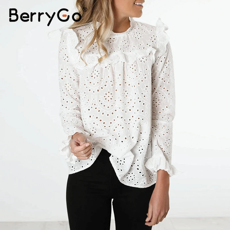 BerryGo, открытая хлопковая белая блузка, женская, винтажная, с рюшами, весна-лето, рубашка, топ, женская, новая, шикарная, модная блузка, рубашка, blusas