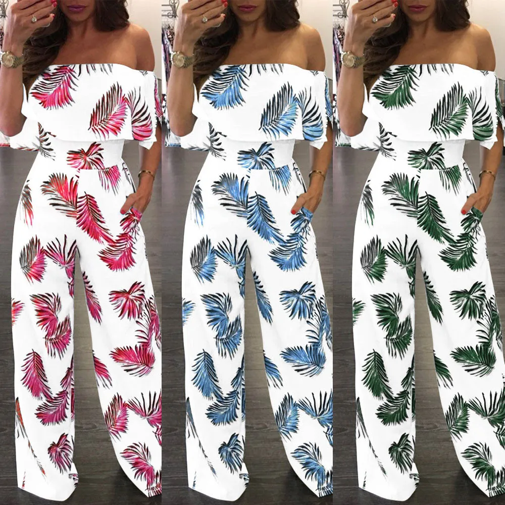 Женский комбинезон с принтом тропических листьев повседневные блестящие