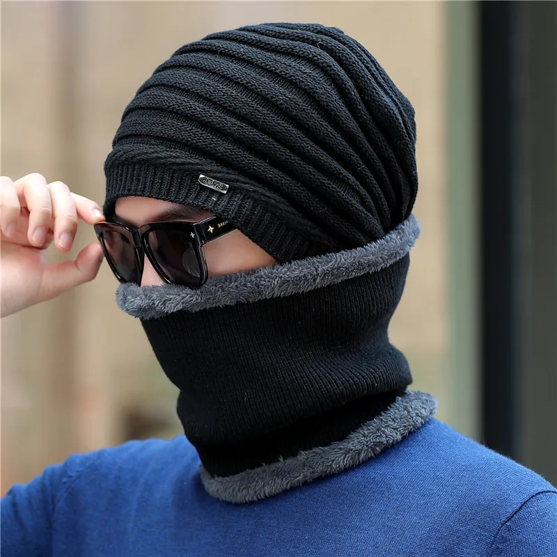 hat scarf set black Xthree зимние шапочки вязаные шапочки шерстяные вязаные шапки шарф с подкладкой мужские шапочки зимние шапки для мужчин шапочки - Цвет: hat scarf set black