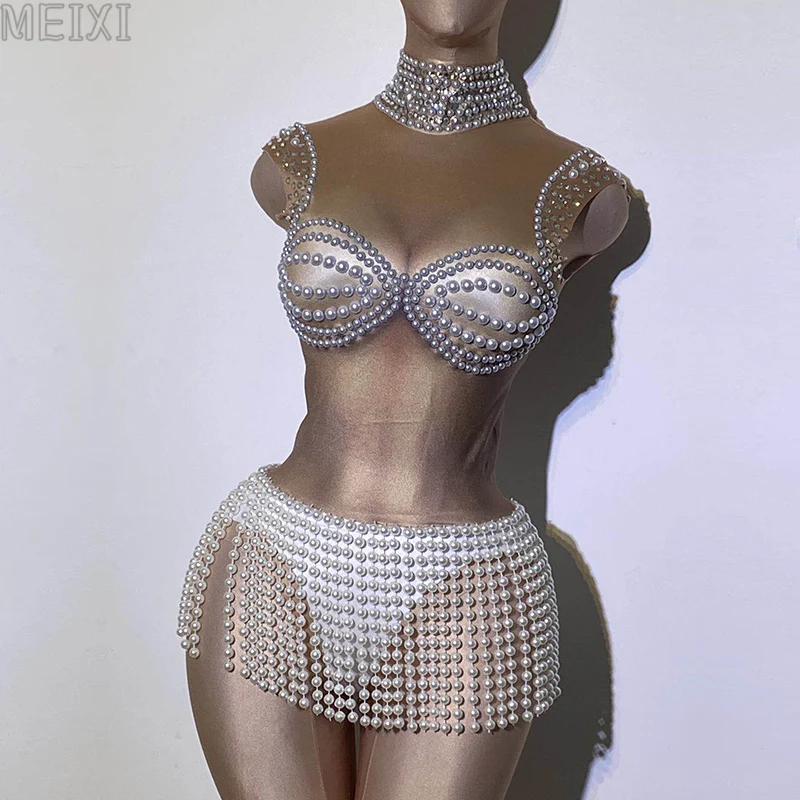 

Растягивающийся белый комбинезон с жемчужинами и кисточками, костюм для сцены, для бара, концерта, DJ, певицы, танцевальный костюм