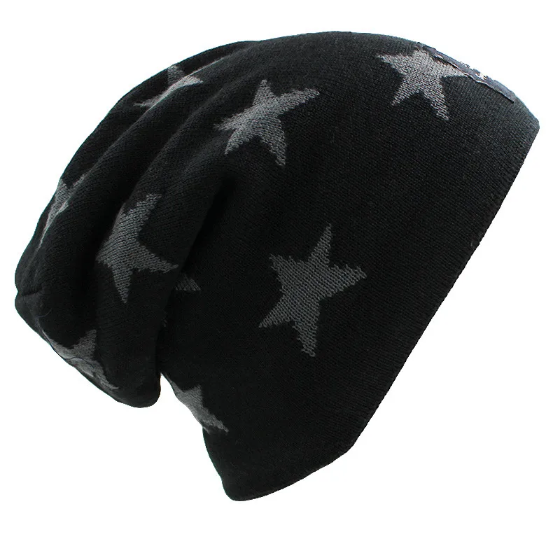 ALTOBEFUN Мужская зимняя шапка Кепка Skullies шапка со звездами дизайн зимние шапки для мужчин женщин искусственный мех теплая вязаная шапка BHT034 - Цвет: Черный