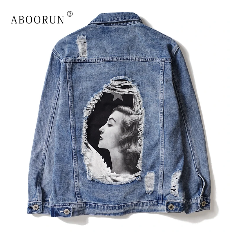 ABOORUN beauty/джинсовая куртка с принтом для девочек, мужские рваные джинсы в стиле пэчворк, пальто в стиле хип-хоп, хлопковое пальто для мужчин
