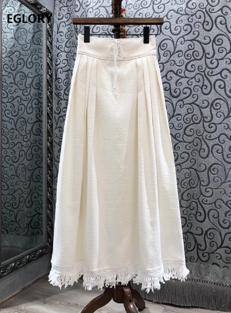 

High Quality Cotton Skirts 2021 Spring Style Women Drawstring Waist Tassel Deco Ankle Length Casual Long White Maxi Skirts