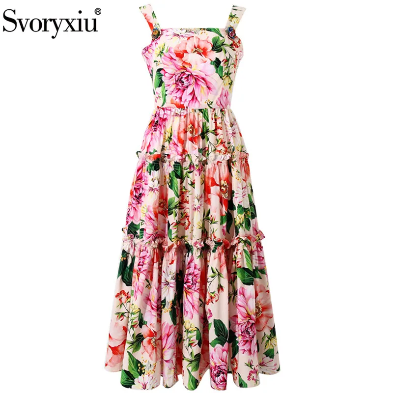 Женское длинное платье на бретельках Svoryxiu разноцветное Хлопковое с цветочным