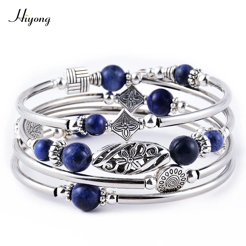 Multilayer Bracelet HIYONG, Женский многослойный браслет в стиле бохо, браслет из натурального лавы, чакра из бусин, эфирное масло, браслет для девочек - Окраска металла: Multilayer Bracelet