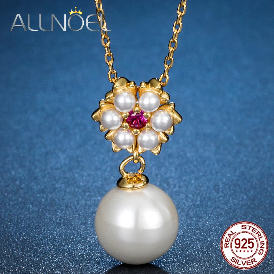 ALLNOEL цельное 925 пробы Серебряное чокер с жемчугом подвеской ожерелье для женщин красный корунд цветок изысканные украшения свадебное украшение