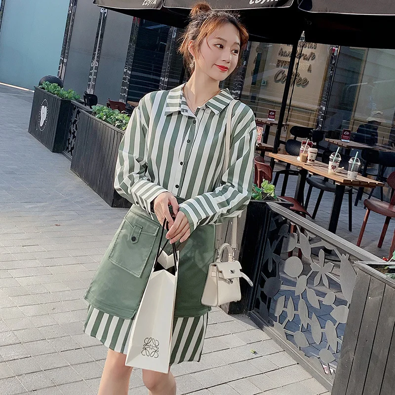 

Autumn Women's Sets Two Piece Outfit Elegant Retro Turn Down Collar Striped Long Shirt Top + Fashion Irregular Short Skirt Suits