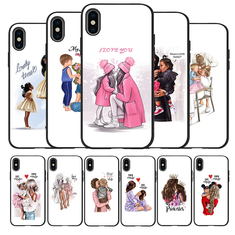 Fashion Brown Hair Baby Mom daughter Girl Son Dad Black Silicone Soft Phone Case For iPhone 11 12 Pro X XR XS MAX 6 7 8 Plus SE | Мобильные